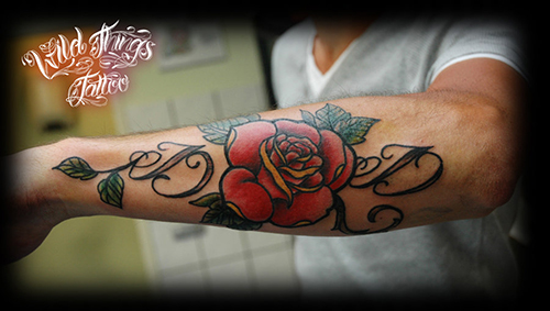 Lettering with Rose Tattoo
